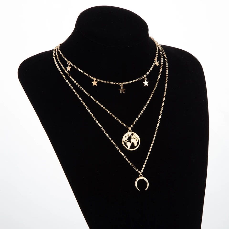 Moon Star Multilayer Necklace, Double Layer Star Moon Charm Necklace, New Alloy World Map Long Necklace, Fashion Charm Necklace, Delicate Clavicle Chain Necklace Moon Star Multilayer Necklace, Double Layer Star Moon Charm Necklace, New Alloy World Map Long Necklace, Fashion Charm Necklace, Delicate Clavicle Chain Necklace